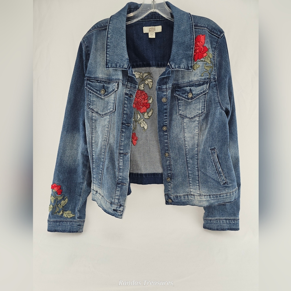 Vintage America Blues Denim Jean Jacket Red Floral Embroidery Women's XL